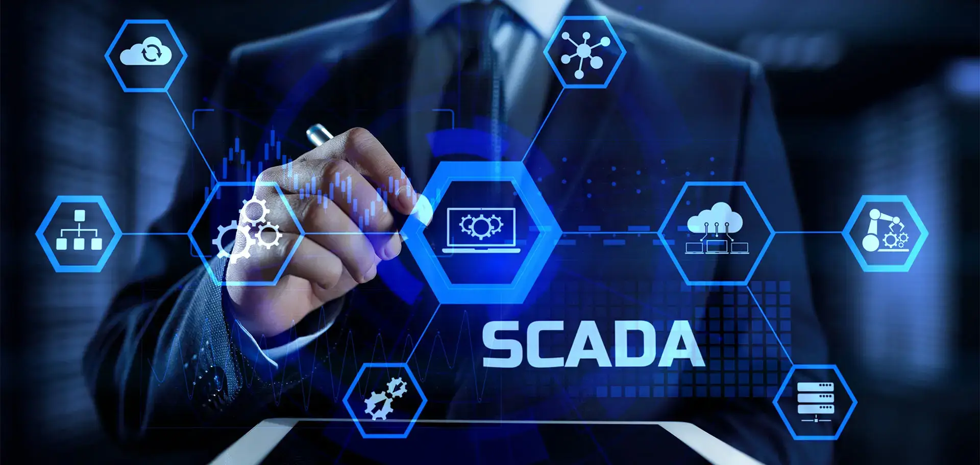 SCADA Supervisory control and data acquisition software system manufacturing technology concept.