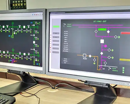 Computers and monitors with schematic diagram for supervisory, control and data acquisition in modern electrical control room