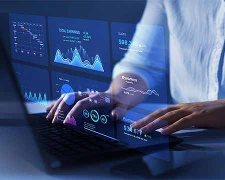 Business finance data analytics graph. Financial management technology. Advisor using KPI Dashboard on virtual screen.